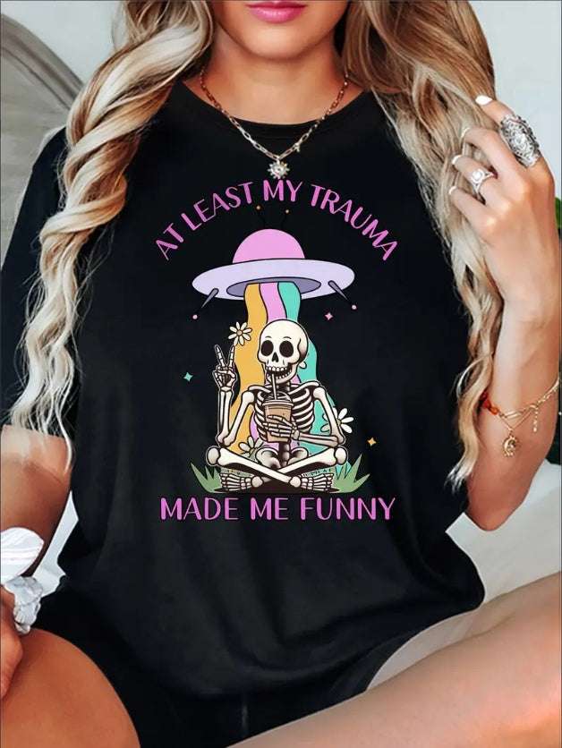 Comfy Women's Round Neck Short Sleeve Sports Tee With Funny Skull & UFO & Slogan Print - Activewear - Funny Ask Tees